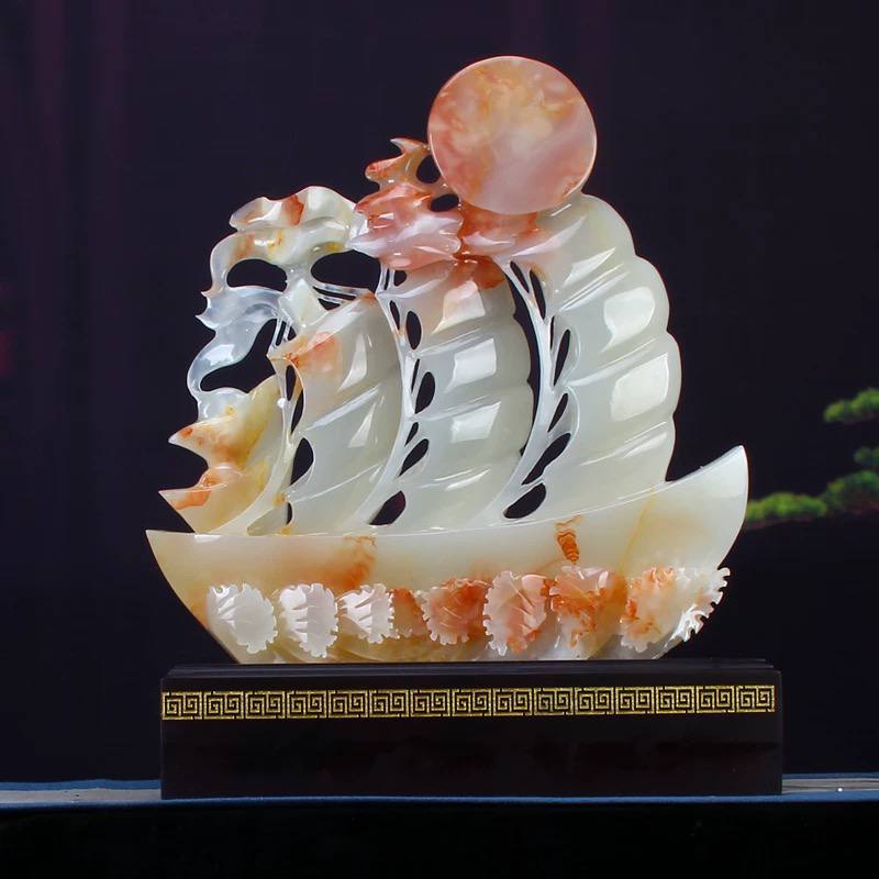 阿富汗玉石帆船摆件巴基斯坦玉雕刻一帆风顺公司庆典开业中式礼品