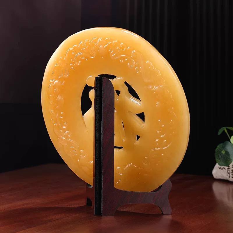 高档天然玉石黄玉福字平安扣摆件礼物乔迁新居客厅玄关酒柜装饰品