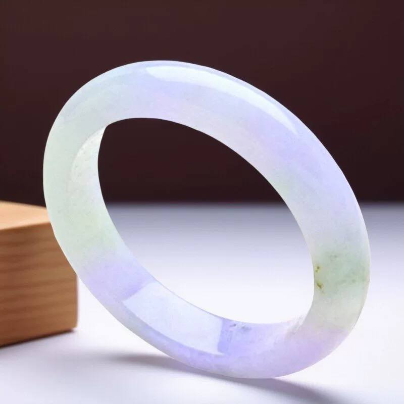 缅甸A货老坑天然翡翠春彩紫罗兰玉手镯飘花阳绿玉镯子