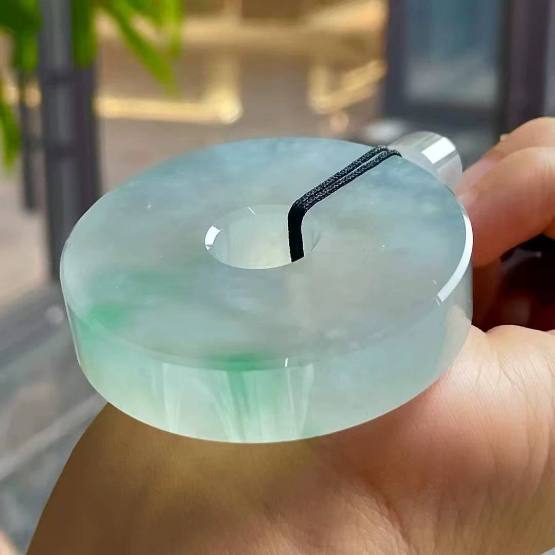 老坑a货冰种平安扣厚装翡翠吊坠天然缅甸飘绿花玉坠子挂件项链